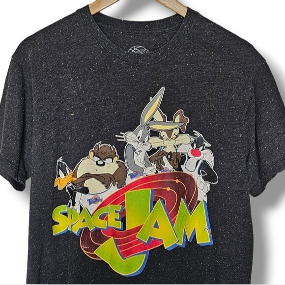 Space Jams Short Sleeve T-Shirt Size L Black Speckled Graphic Tee Bugs Daffy - Picture 2 of 8